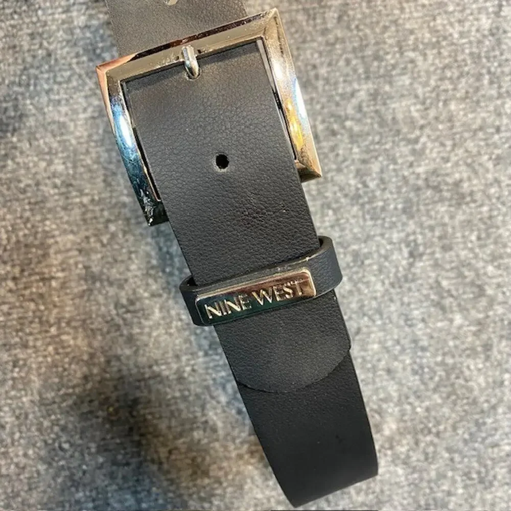 Nine West Black Faux Leather Belt Silver Square Buckle Women Small New